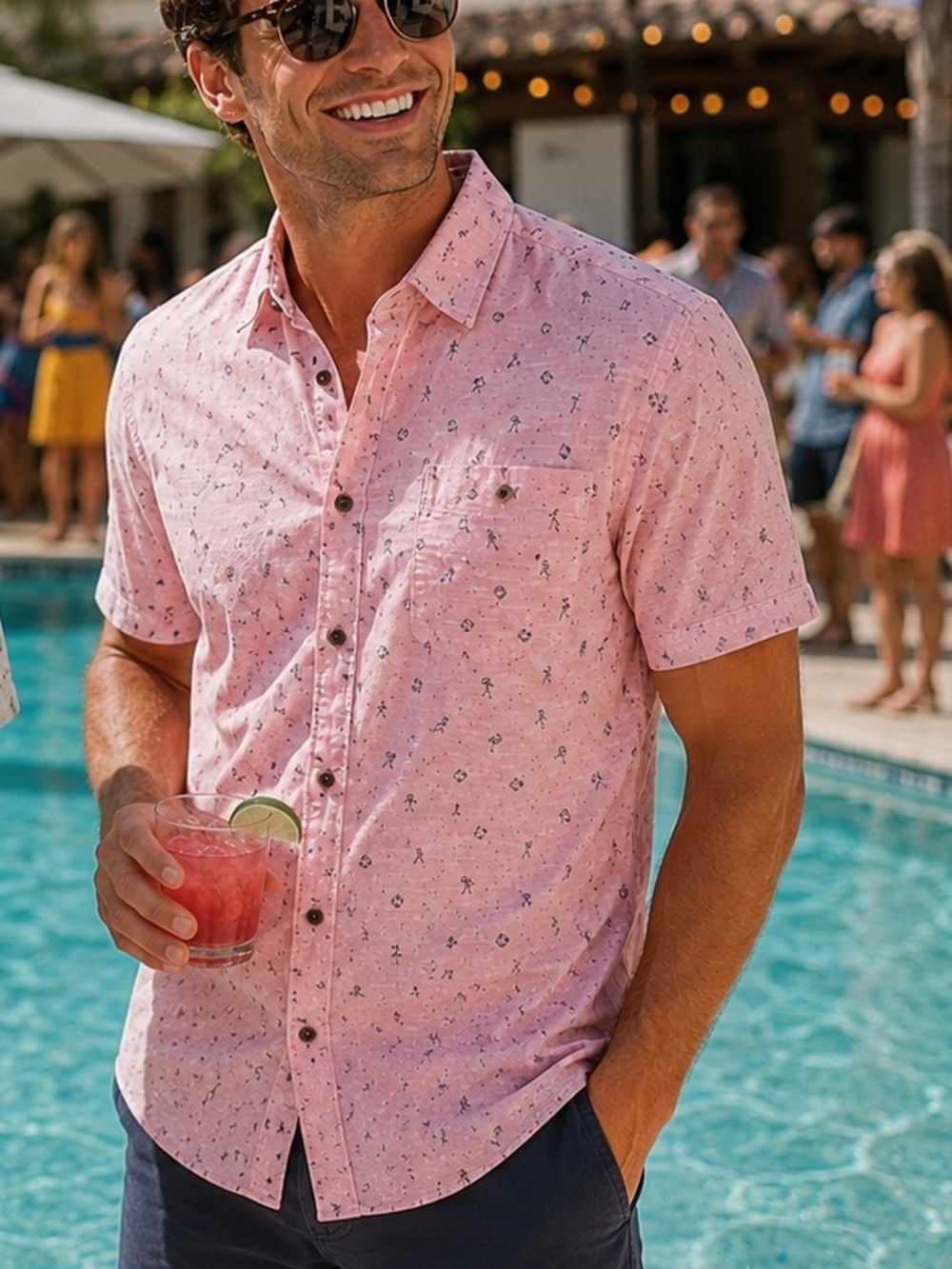 NWOT Men’s Short-Sleeve Shirt PINK Flamingo & Margarita Print Cotton
